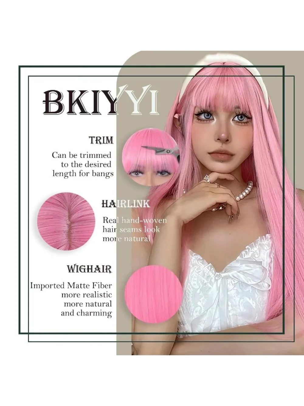 Women's Pink 24 Inch Heat Resistant Synthetic Long Straight Bangs Wig